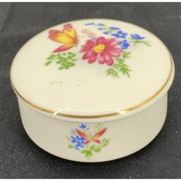Lefton Trinket Box Bone China Flower Butterfly Flowers 2" Vintage - Picture 1 of 8